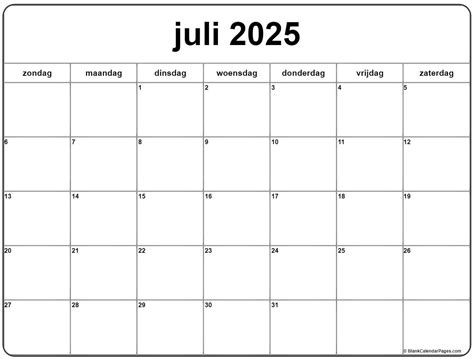 juli 2025 kalender Nederlandse | Kalender juli