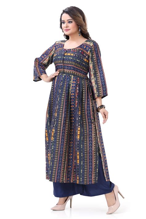 Navy Blue Nayra Cut Long Cotton Kurti Top Dulhan Exclusives