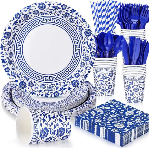 Amazon Hushee 225 Pcs Blue And White Flower Disposable Tableware