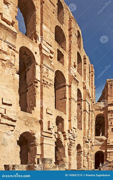 Antique Wall With Arches Of El Djem Amphitheatre In Tunisia Stock Image