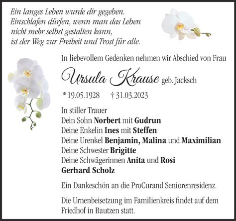 Traueranzeigen von Ursula Krause | Märkische Onlinezeitung Trauerportal