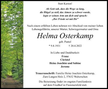 Traueranzeigen Von Helma Osterkamp Rz Trauer De