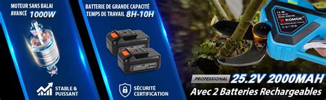 KOMOK Sécateur Électrique Sans Fil 42mm 2 Batteries Rechargeables 25