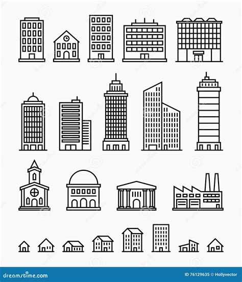 Line Building Icons, Set of Outline Buildings Stock Vector - Illustration of estate, exterior ...