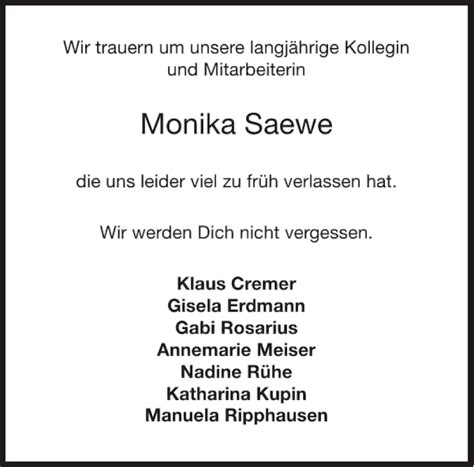 Traueranzeigen Von Monika Saewe Aachen Gedenkt