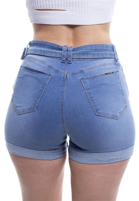 Shorts Jeans Feminino Curto Com Cinto E Barra Dobrada Crocker 48632