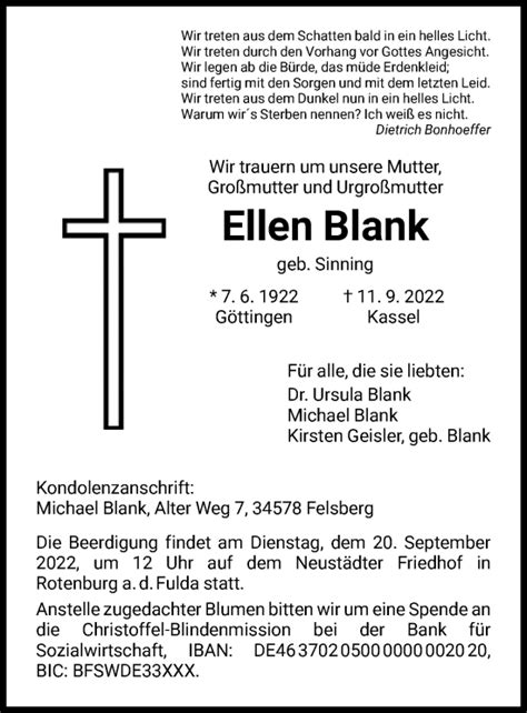 Traueranzeigen Von Ellen Blank Trauer Hna De