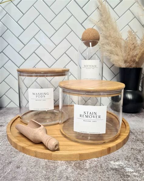 White Label Collection Laundry Set Glass Jars With Bamboo Etsy