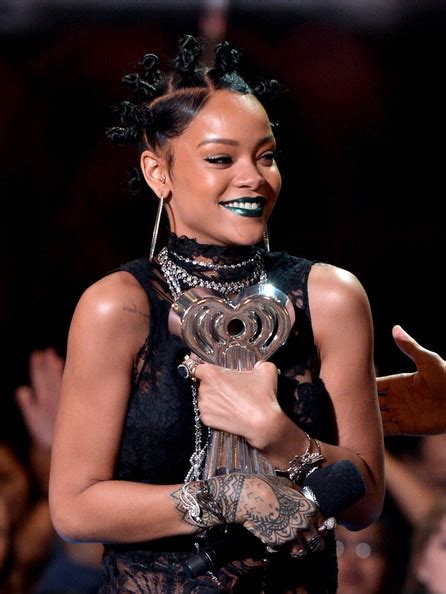 Lets Dish Rihannas Green Lipstick And Mini Bun Hairstyle Combo