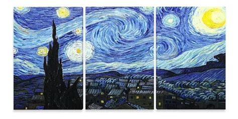 Quadro Van Gogh Noite Estrelada 150x75 3 Telas Sala Canvas