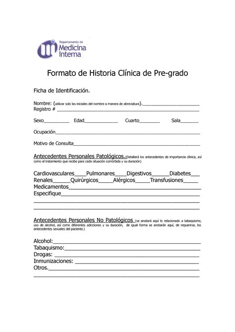 Formato de Historia Clínica Pregrado Formato de Historia de Ficha de