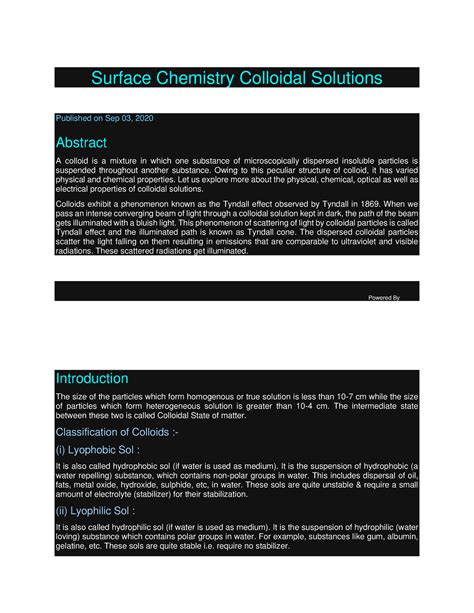 Surface Chemistry Colloidal Solutions Surface Chemistry Colloidal