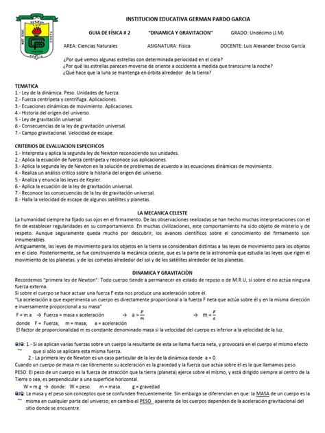 Guia 2 Fisica 11 Dinamica Y Gravitacion Pdf Fuerza Gravedad