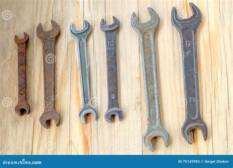 Old Work Tools Spanner Wrench On A Wooden Table Stock Image Image