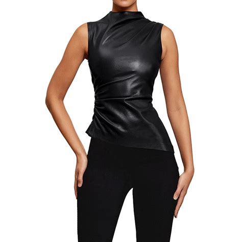 Pmuybhf Female M July 4 Sleeveless Turtlenecks For Women Red Women S Solid Color Leather