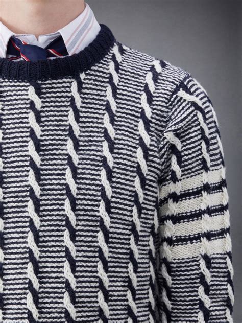 Donegal Bicolor Twist Cable Bar Crew Neck Pullover Thom Browne