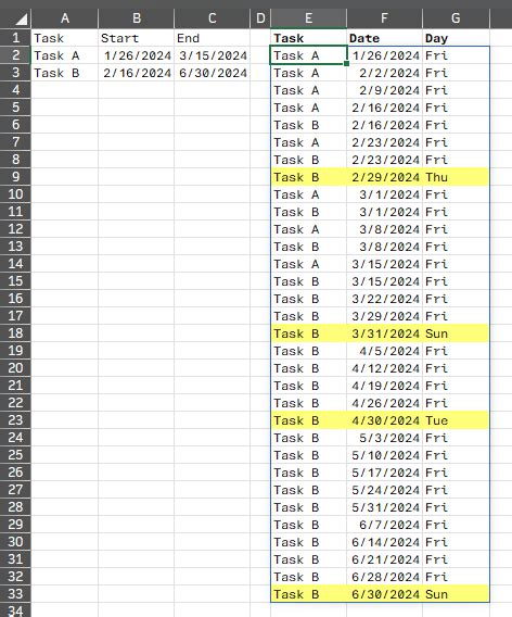 excel     create  dynamic date list  displays