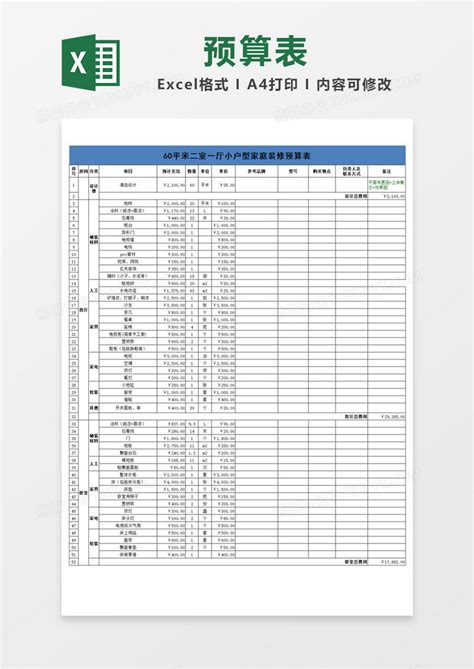 小户型家装预算表excel模板下载预算表图客巴巴