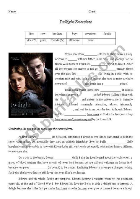 Twilight And Irregular Verbs ESL Worksheet By Mjotab