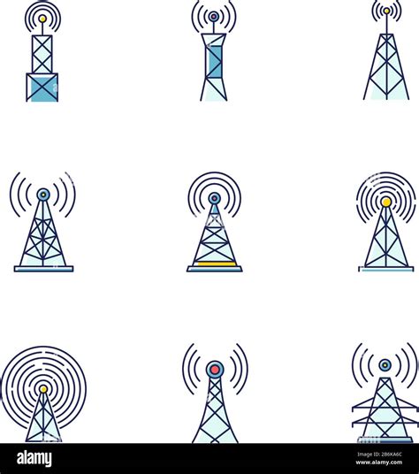 5g Cell Towers And Antennas Rgb Color Icons Set Wireless Technology