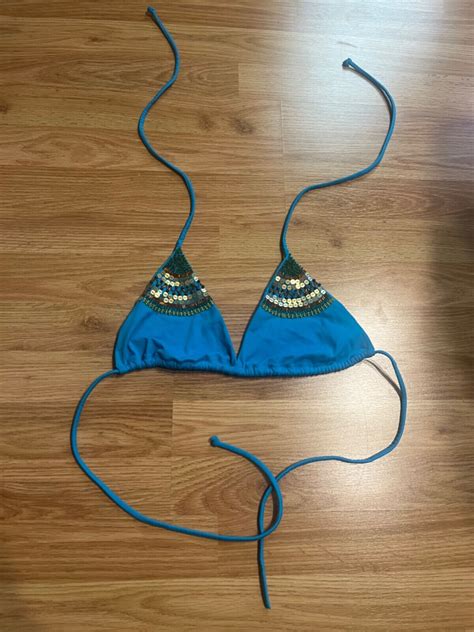 Large Victoria S Secret Swim Bikini Top Blue Triangle Gem