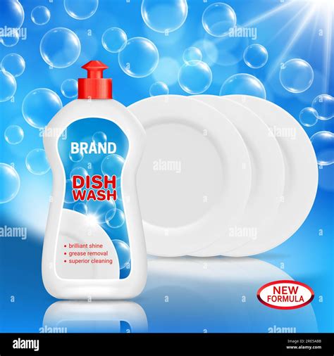 Dish Wash Liquid Soap And Clean Dishes Realistic Vector Mockup