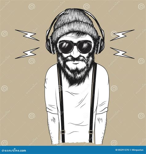 Hipster Man Listening To Music Vector Illustration Stock Vector