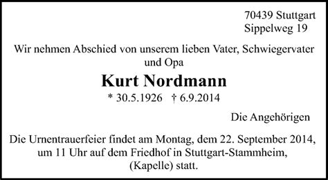 Traueranzeigen Von Kurt Nordmann Stuttgart Gedenkt De