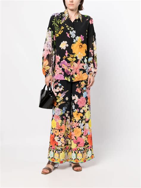 Camilla Floral Print Silk Shirt In Black Modesens