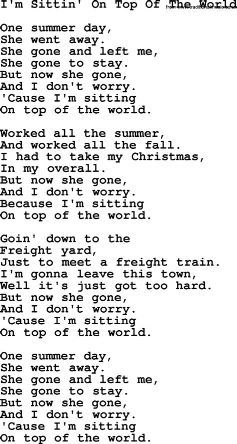 Willie Nelson song: I'm Sittin' On Top Of The World, lyrics