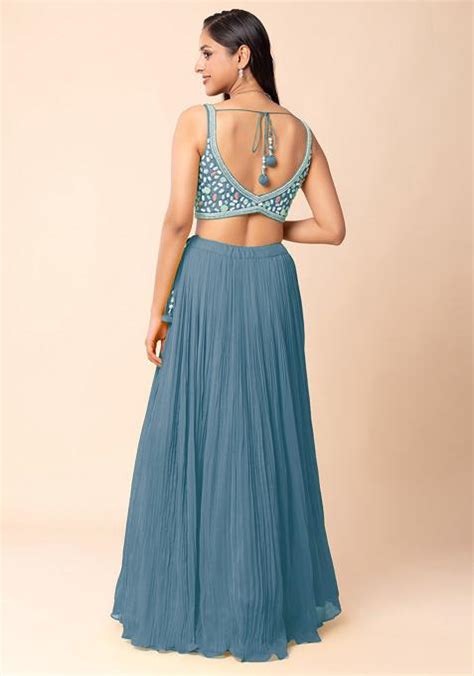 Buy Women Steel Blue Lehenga Set With Abstract Hand Embroidered Blouse