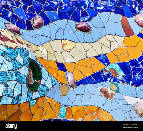 texture mosaic of colored ceramic tile by Antoni Gaudi at his Parc ...