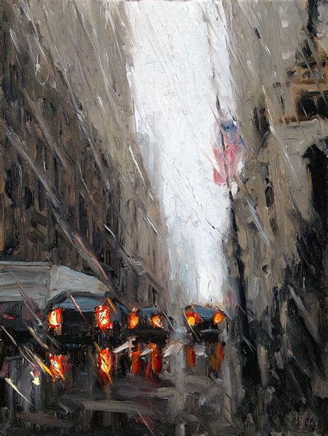 an oil painting of people walking in the rain on a city street with ...