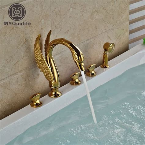 High End Swan Style 5pcs Bathtub Faucet Deck Mount Widespread With