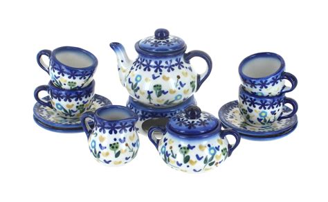 Blue Rose Polish Pottery Yellow Daisy Miniature Tea Set