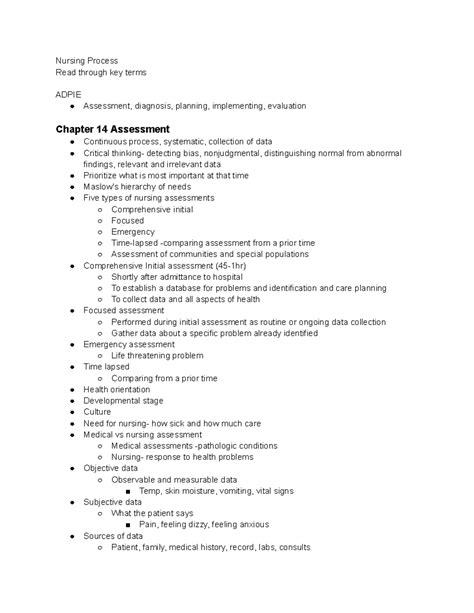 Nursing Process ch 14,15,16,17,18 - Nursing Process Read through key