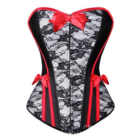 Black Satin And Floral Lace Red Bows Women Bustier Top Burlesque Gothic Corset Overbust Sexy