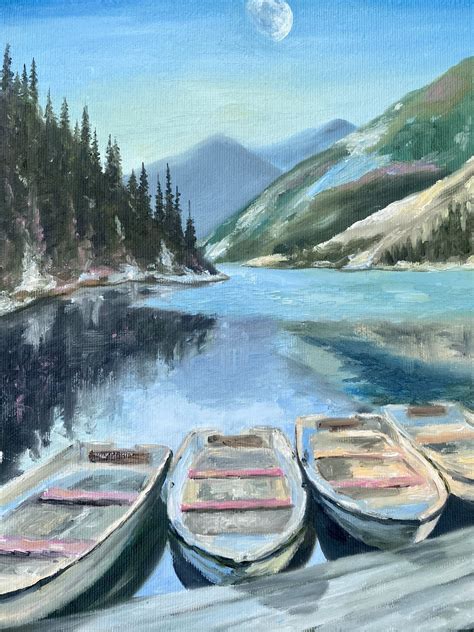 Landscape mountains boat Painting by Inna Kalina