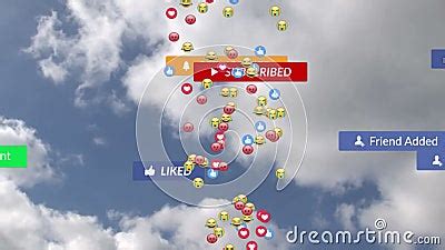 Animation Of Falling Social Media Icons And Emojis Over Cloudy Sky