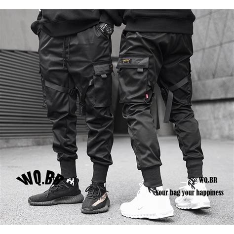 Calça Cargo Masculina De Bolsos Múltiplos Pretos Hip Hop Casual Jogger