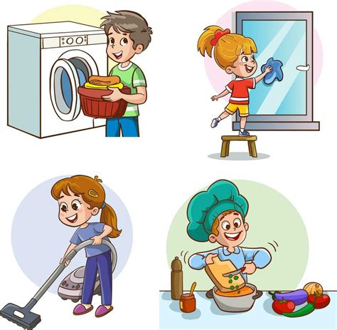 Cartoon Kids Doing Housework Kids Helping With Housework Boys And