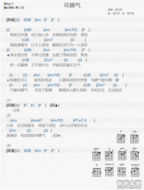 坏脾气吉他谱 吴汶芳 F调吉他弹唱谱 和弦谱 琴谱网