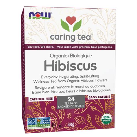NOW Caring Tea Organic Hibiscus Tea Premium Unbleached Tea Bags with