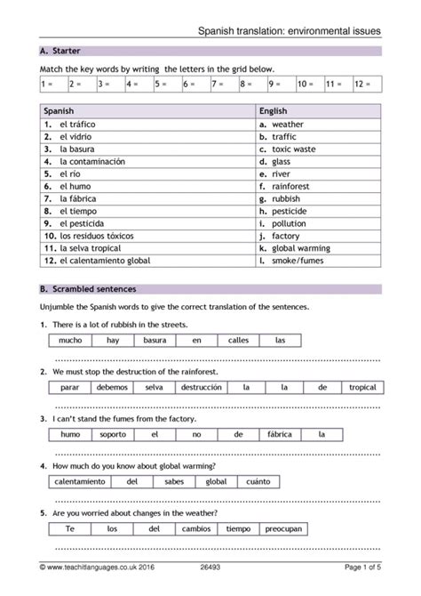 Environment Translation Worksheet Spanish Ks4 Teaching Resource Teachit