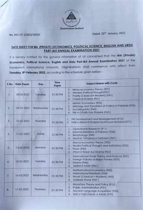 Kiu Ma Date Sheet 2023 Annual Exam Private Candidates Pak Word