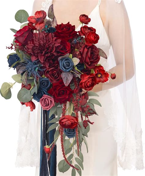 Ling S Moment Navy Blue Burgandy Bridal Bouquet Cascading Jewel Tone