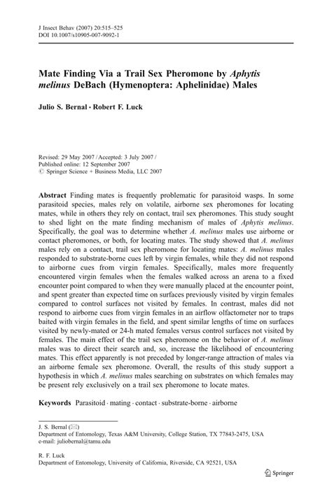 PDF Mate Finding Via A Trail Sex Pheromone By Aphytis Melinus DeBach Hymenoptera Aphelinidae