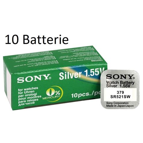 10 Batterie Per Orologi Silver 1 55V SONY 379 SR521SW Ossido D Argento