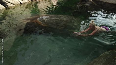 SLOW MOTION Woman Swimming In Canyon Of Aussichtspunkt Ponte Brolla