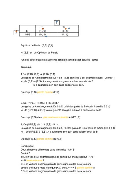 Optimum De Pareto Et Quilibre De Nash